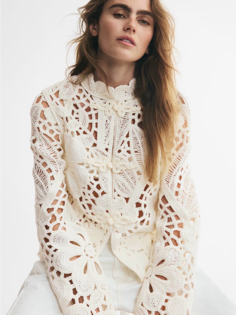 H&M Crochet-Look Stand Up Collar Cardigan Womens M/L (ivory) NWT
